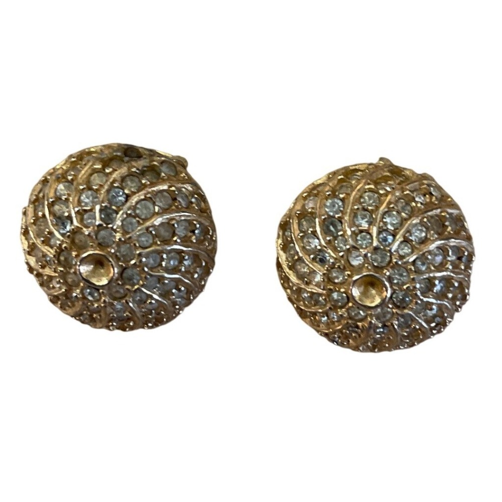 Vintage Hattie Carnegie Clip On Earrings Rhinestone Gold Tone Glam MCM Retro